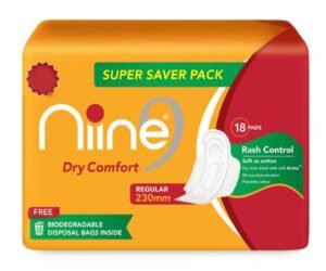 Niine Dry Comfort Sanitary Pads with Biodegradable Disposable Bags - Regular 18s